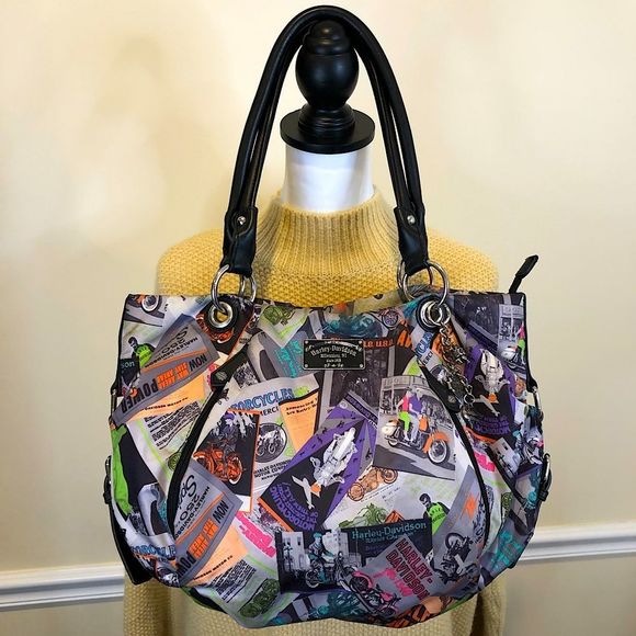 HARLEY Davidson Multicolor Black Leather Top Handle Satchel Motorcycle Graphics